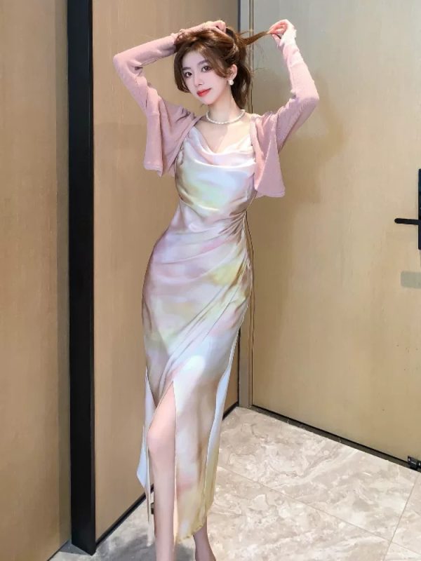 High-end private custom French swing neck acetate satin halter dress female summer temperament socialite split buttock long skirt two-piece set 200+ sold - Image 2