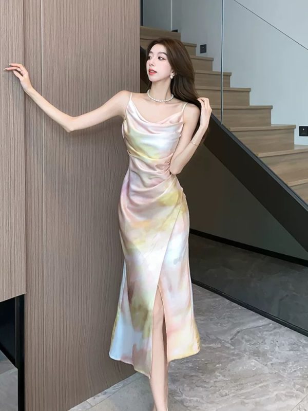 High-end private custom French swing neck acetate satin halter dress female summer temperament socialite split buttock long skirt two-piece set 200+ sold - Image 3