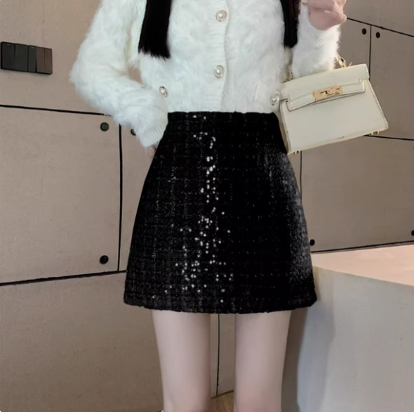 High-end private tailored skirt Sparkly half skirt woolen sequin skirt tweed hip skirt - Image 3