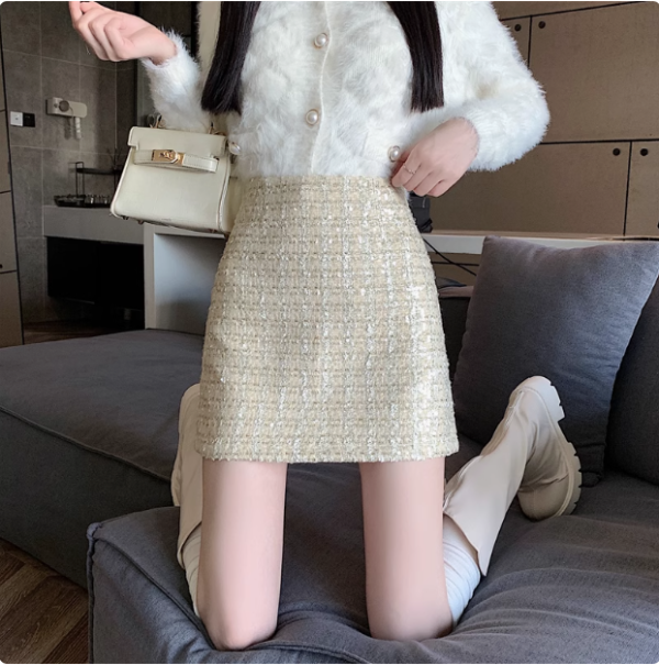 High-end private tailored skirt Sparkly half skirt woolen sequin skirt tweed hip skirt - Image 4