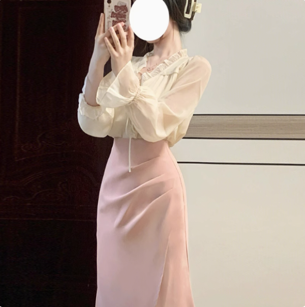 High-end private custom French design sense V-neck ruffled long sleeve shirt + high waist slimming skirt - Image 2